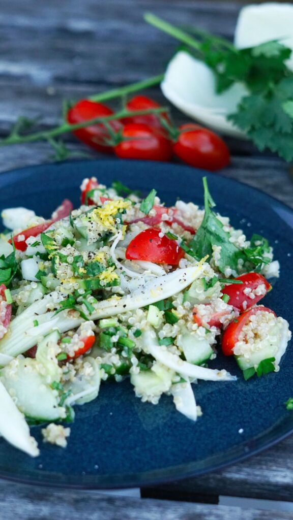 Quinoasalat mit Feta-Joghurt-Dip, Fenchel, Tomate und Gurke