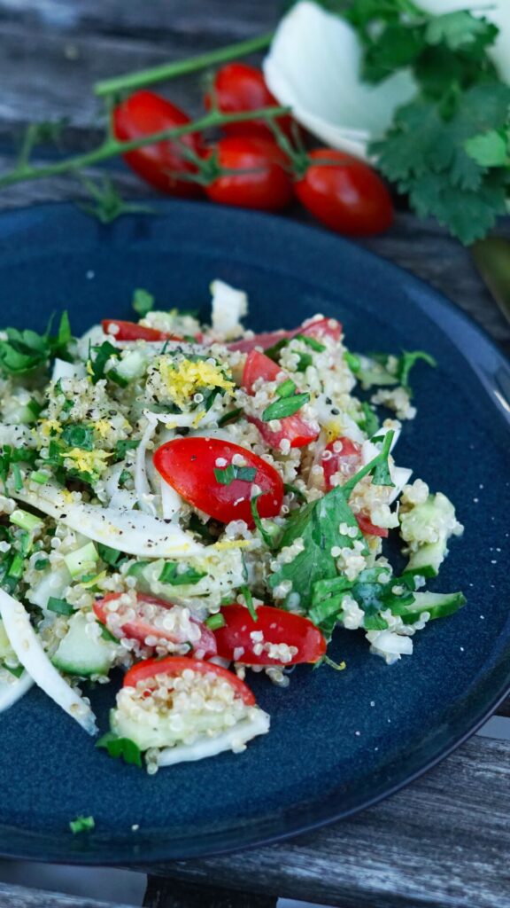 Quinoasalat mit Feta-Joghurt-Dip, Fenchel, Tomate und Gurke